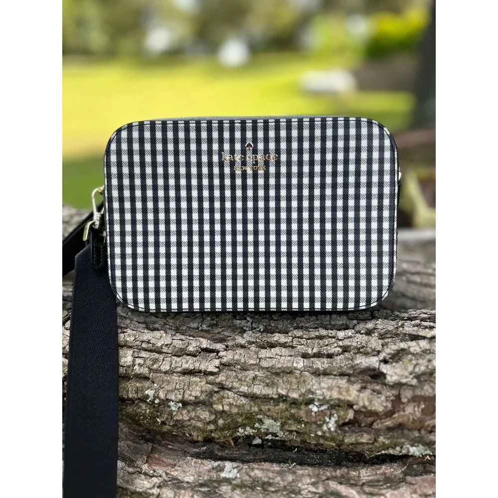 Kate Spade Madison Gingham Mini Camera Bag Designer Crossbody Black White Check